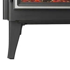 Quadra-Fire 43 Step Top wood fireplace with cast legs, showcasing a modern design and clean-burning fire feature.