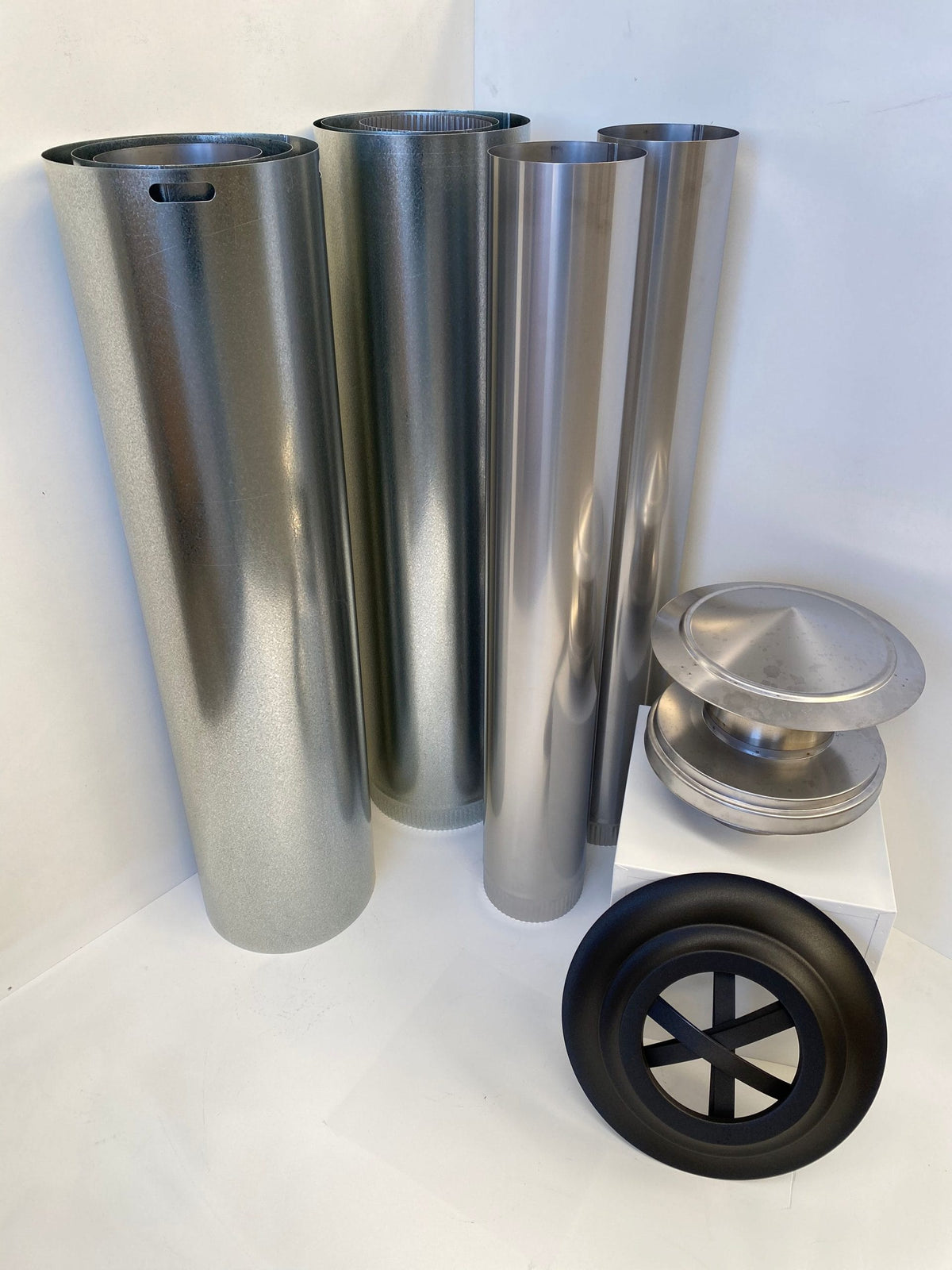 Hunter Valley Heating stainless steel wood heater flue kit with flue pipes, cowl and installation components