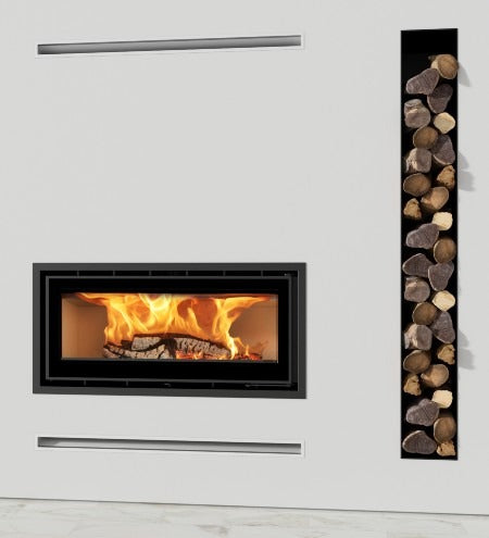 ADF Linea 100 Insert Fireplace with sleek black metal design and glass front, ideal for modern home heating and ambiance.