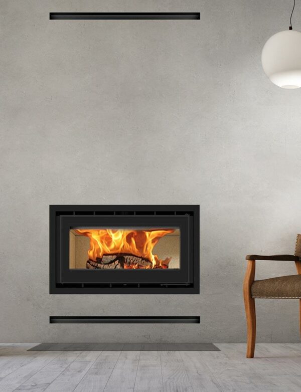 ADF Linea 85 Insert Fireplace showing a modern black metal fireplace insert with glass front and sleek design.