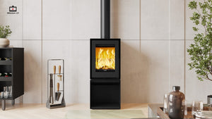 ADF Millenium L37 freestanding fireplace with log storage base, showcasing a modern black metal design and spacious firebox.