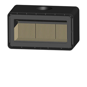 ADF Hayra 85VB fireplace with black metal finish and glass doors, designed for efficient heating and cozy ambiance.