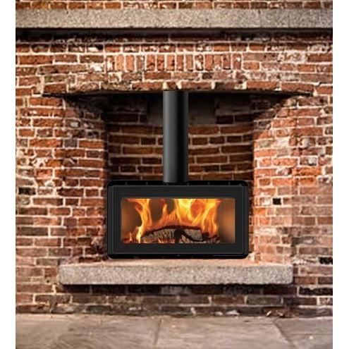 Modern ADF Hayra 85VB fireplace with sleek black finish and glass front, designed for contemporary living rooms.