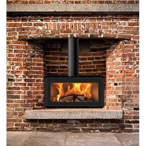 Modern ADF Hayra 85VB fireplace with sleek black finish and glass front, designed for contemporary living rooms.