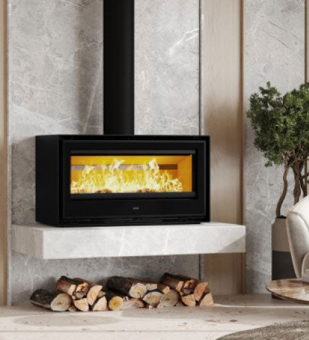 ADF Clare 100S B Fireplace with black metal frame and glass front, showcasing a modern heating appliance.