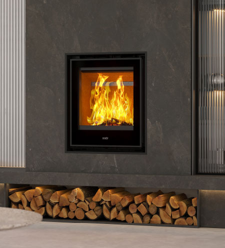 ADF Clare 60S VT insert fireplace showing a modern black metal design with a glass front and realistic fire display.