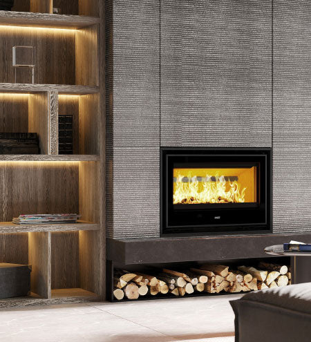 ADF Clare 80S Insert Fireplace showing a modern black metal fireplace insert with glass front and decorative hearth.