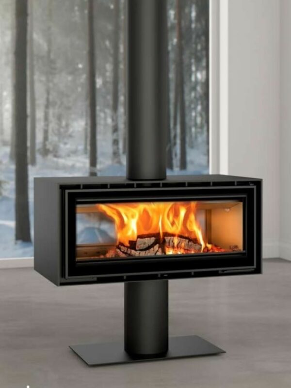 ADF Linea 100DB Duo freestanding fireplace with glass front and modern design, showcasing its sleek black finish.