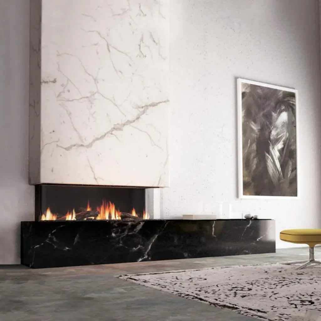 Aerion Vue 1250 3 Sided Bay gas fireplace built into a contemporary feature wall