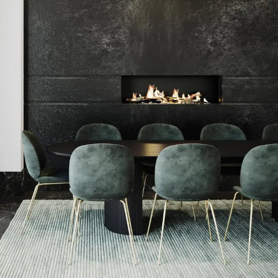 Aerion Vue 1250 Glass Fronted gas fireplace built into a contemporary dark feature wall