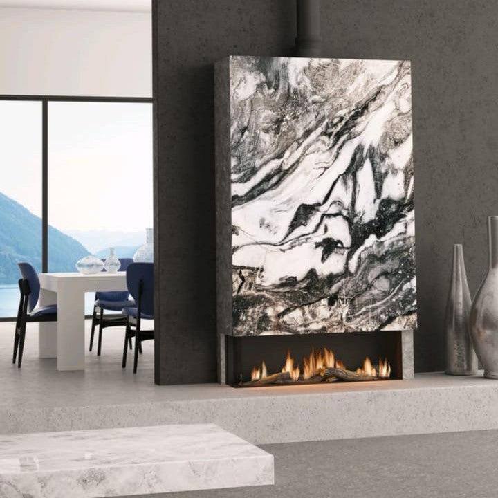 Aerion Vue 1250 Left Corner gas fireplace built into a contemporary feature wall