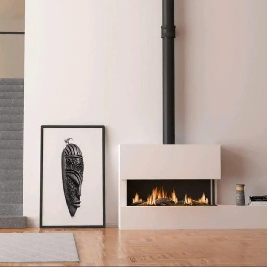 Aerion Vue 1250 Right Corner gas fireplace built into a contemporary feature wall