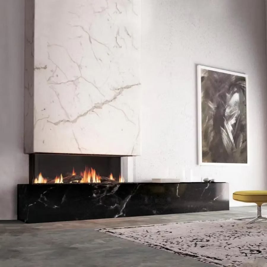 Aerion Vue 1410 3 Sided Bay gas fireplace built into a contemporary feature wall