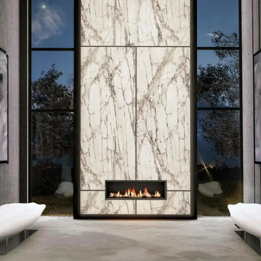 Aerion Vue 1410 Glass Fronted gas fireplace built into a contemporary stone feature wall
