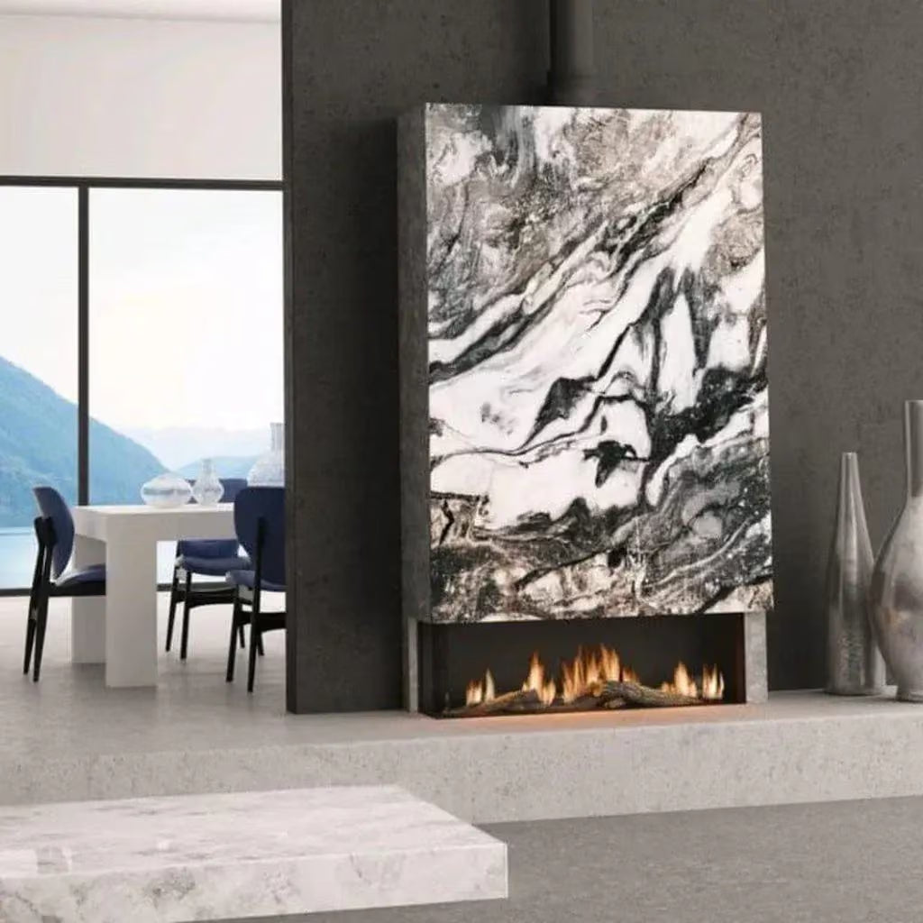 Aerion Vue 1410 Left Corner gas fireplace built into a contemporary feature wall