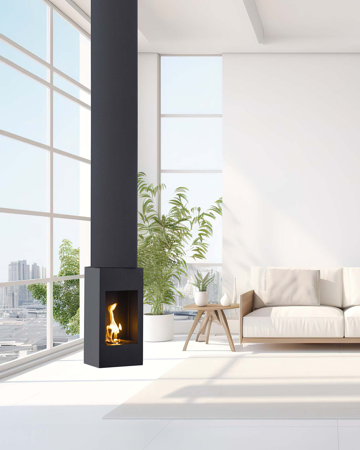 Aurora Evolve suspended bioethanol fireplace installed beside floor-to-ceiling windows in a modern living room