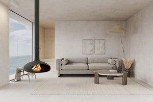 Aurora Hearth suspended wood fireplace installed in a contemporary living room