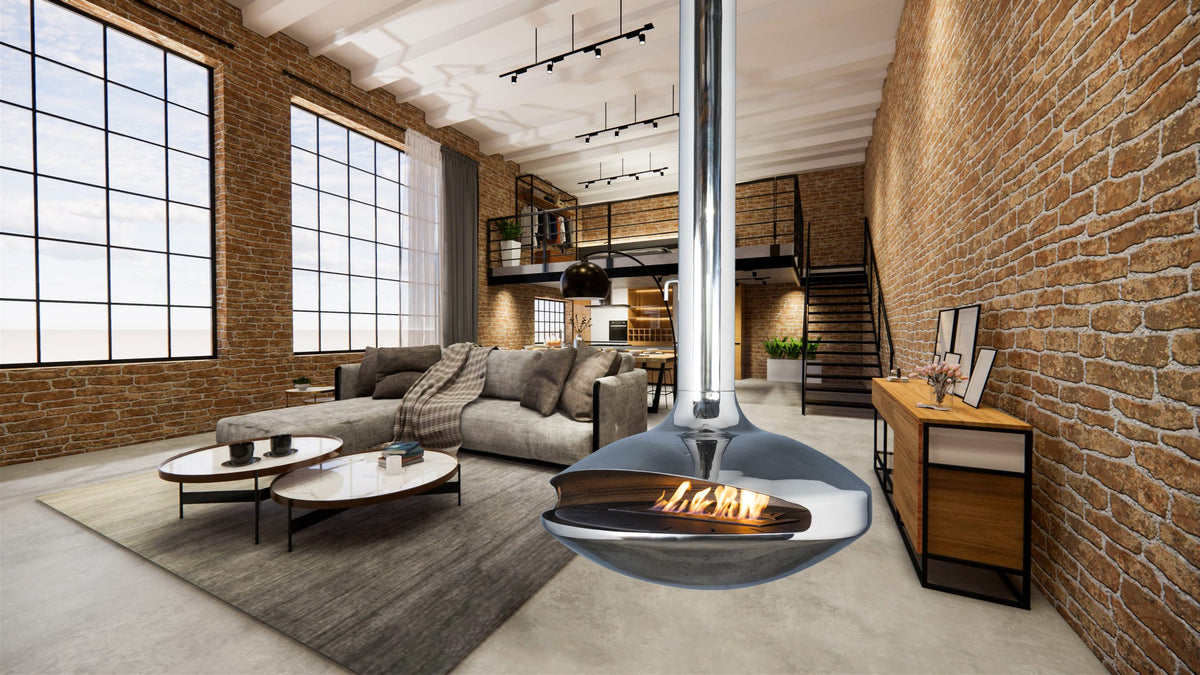 Aurora Marino suspended stainless steel fireplace in an industrial brick living room