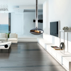 Aurora Marino suspended stainless steel fireplace in a bright modern living room