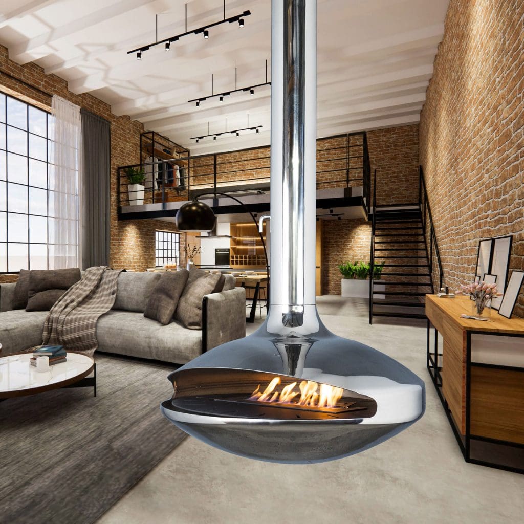 Aurora Marino suspended wood fireplace installed in an industrial-style living room