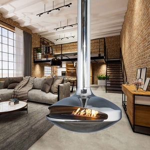 Aurora Marino suspended wood fireplace installed in an industrial-style living room