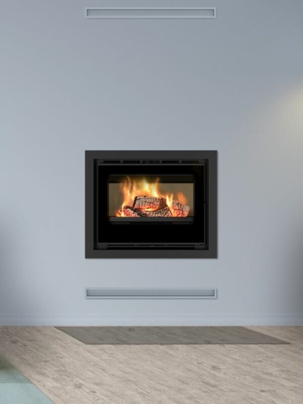 BOSQ Aere 70S Insert Fireplace with glass front and black metal frame, designed for home heating and modern interior decor