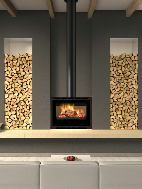 BOSQ Aere 70S freestanding fireplace with modern design and metal finish, showcasing its sleek, open-front style.