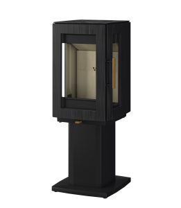 Castworks Hergóm Glow wood fireplace with a modern design, featuring a glass front and sleek metal finish.