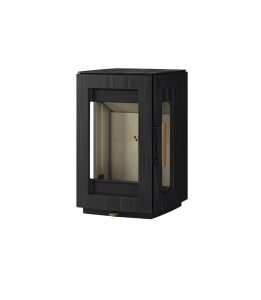 Castworks Hergóm Glow wood fireplace showing a sleek black design with glass front and modern fireplace features.