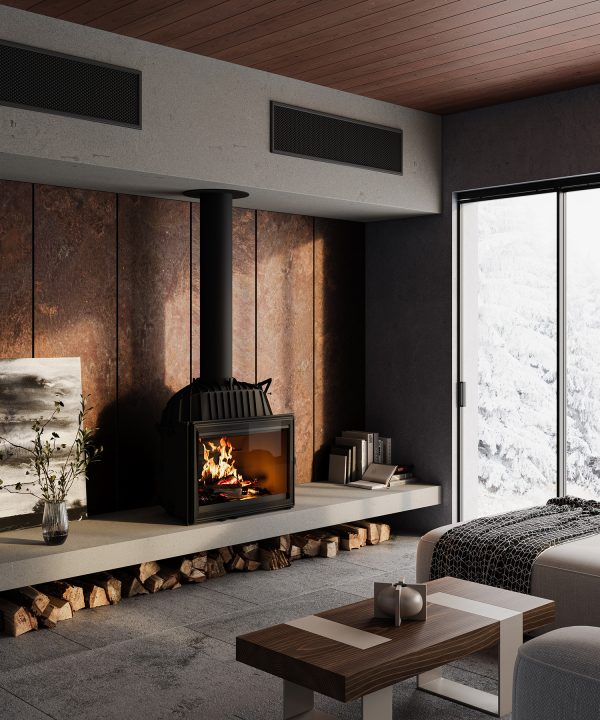 Dovre 2180CBS inbuilt wood fireplace installed in a modern living room