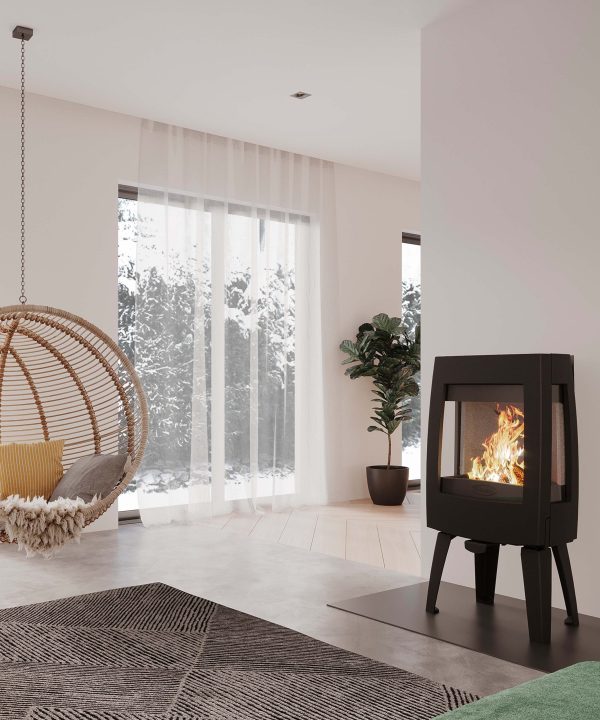 Dovre Sense 303 three-sided freestanding wood heater in a modern living room