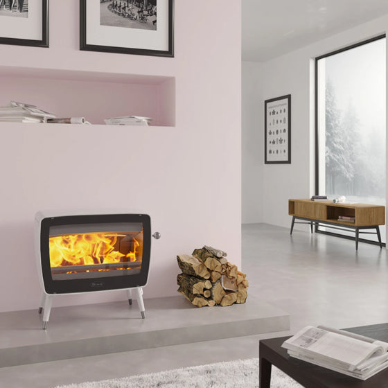 Dovre Vintage 50E white enamel freestanding wood heater in a modern living room
