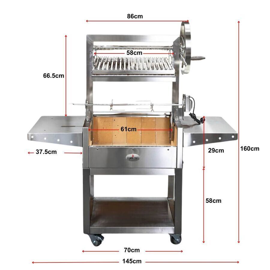 Stainless Steel Parrilla Argentinian BBQ with Rotisserie 610mm x 550mm - Stoves & Cooktops - Flaming Coals - Hunter Valley Heating 