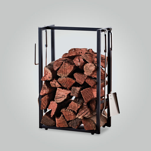Forge Hinterland fireplace tool set with integrated firewood storage rack and logs