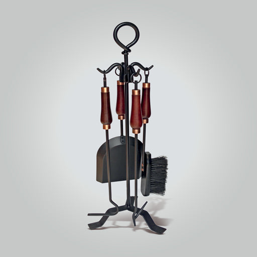 Forge Mahogany fireplace tool set with timber handles, brush, shovel, ash scraper, poker and freestanding stand