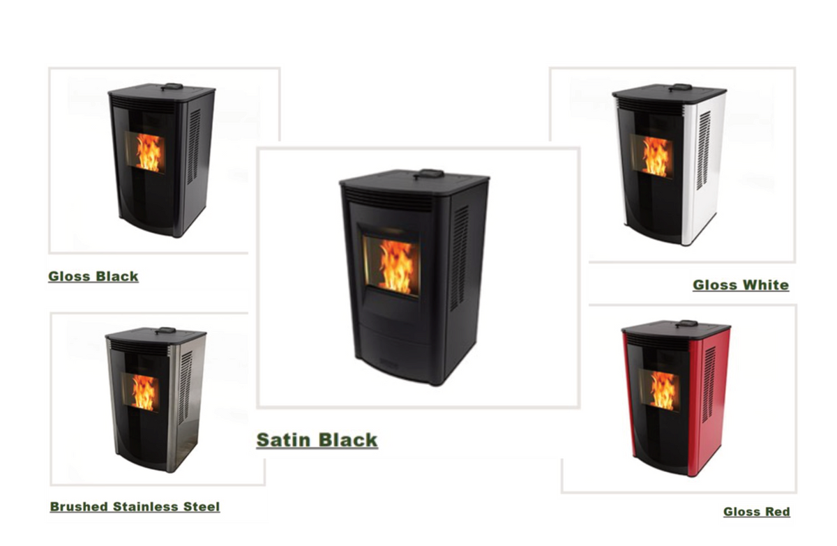 Harman Allure Evo pellet heater finish options in Satin Black, Gloss Black, Gloss Red, Gloss White and Brushed Stainless Steel