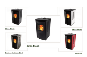 Harman Allure Evo pellet heater finish options in Satin Black, Gloss Black, Gloss Red, Gloss White and Brushed Stainless Steel