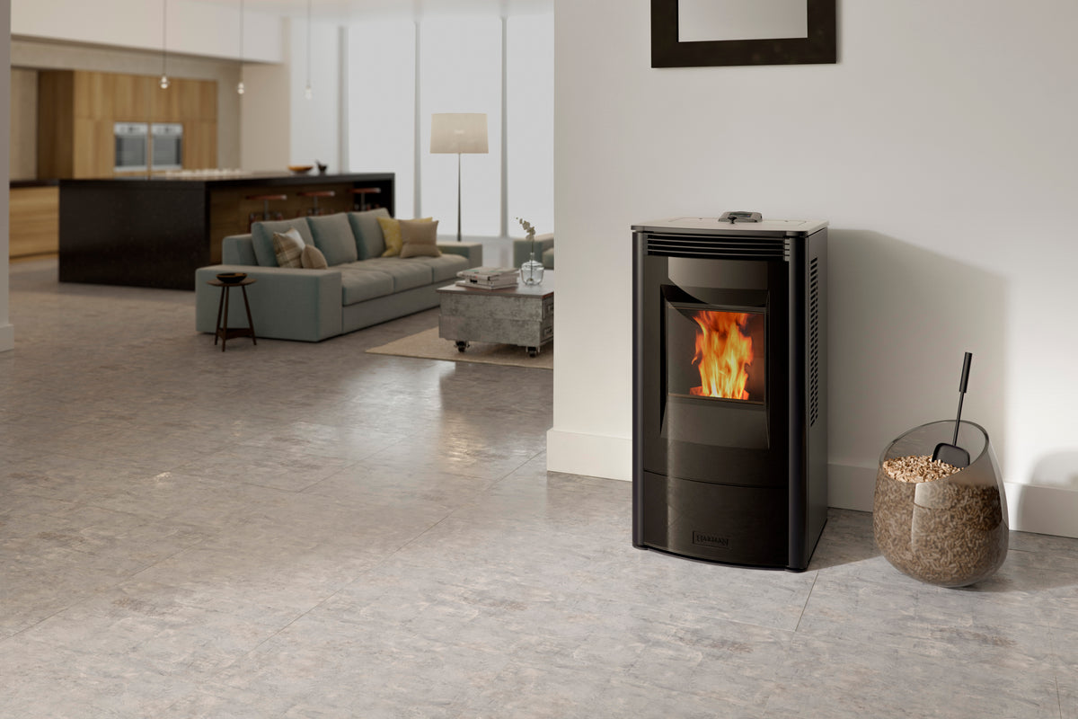 Harman Allure Evo pellet heater with Gloss Black panels in a modern living room