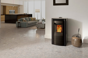 Harman Allure Evo pellet heater with Gloss Black panels in a modern living room