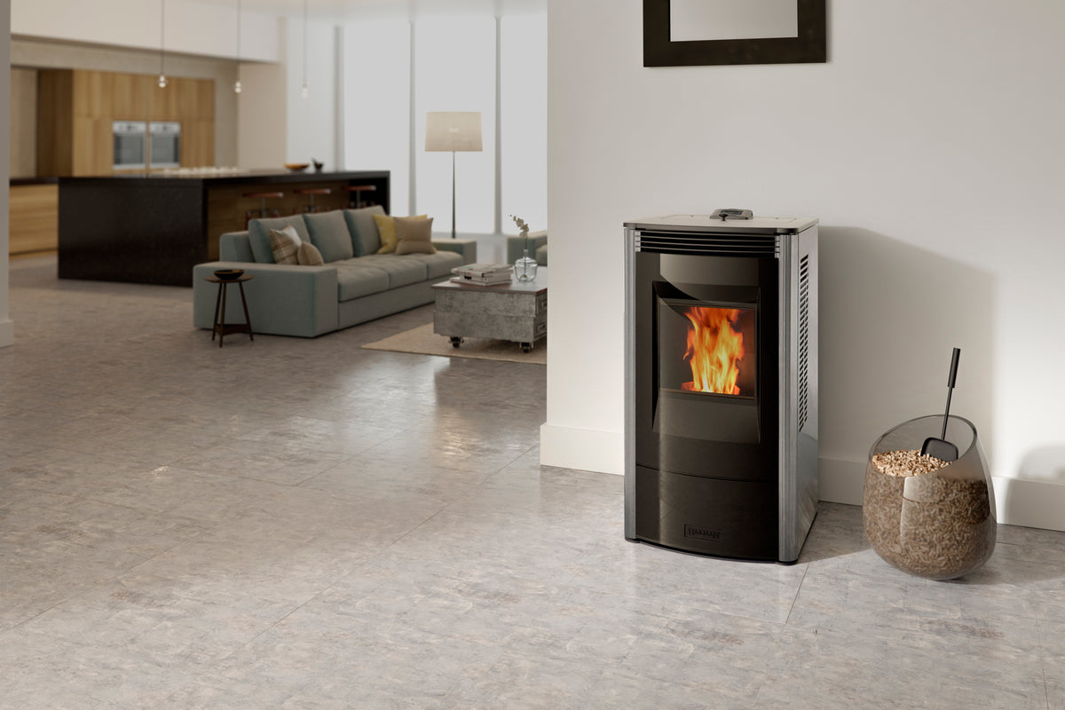 Harman Allure Evo pellet heater with Gloss White panels in a modern living room
