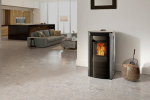 Harman Allure Evo pellet heater with Gloss White panels in a modern living room
