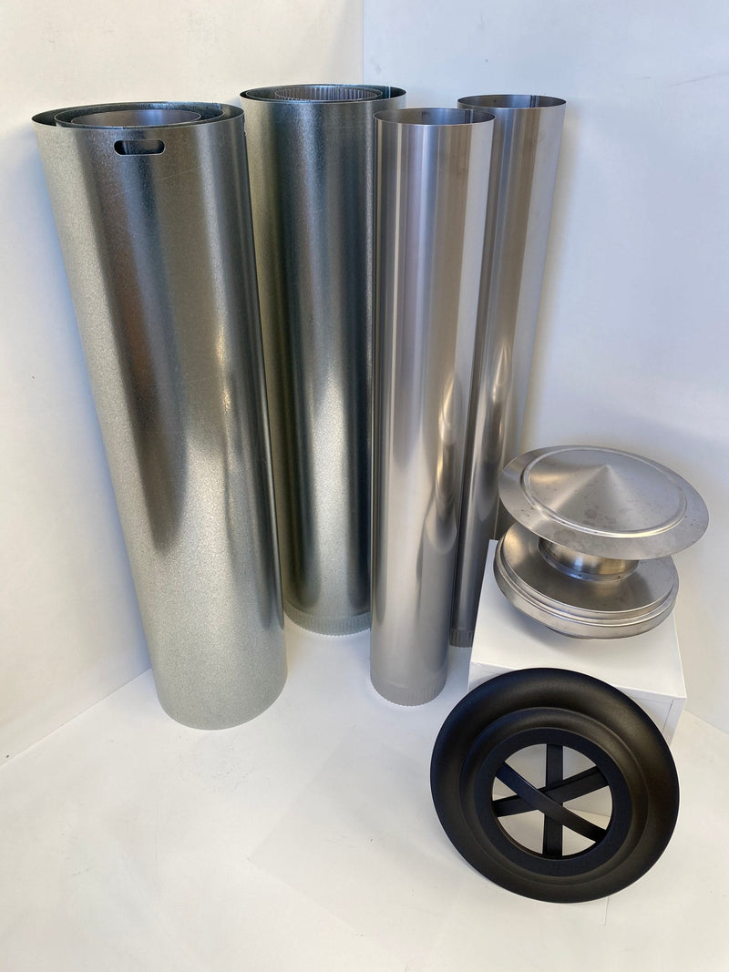 Hunter Valley Heating stainless steel wood heater flue kit with flue pipes, cowl and installation components