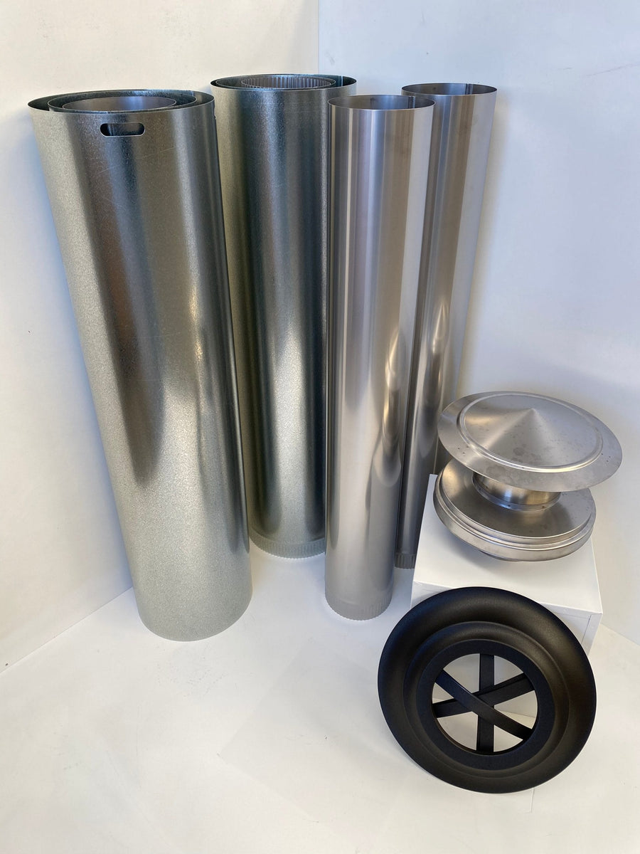 Hunter Valley Heating stainless steel wood heater flue kit with flue pipes, cowl and installation components