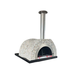 HVH Pizza Ovens HVH90 Tiled Dome Preassembled Pizza Oven with a tiled dome and stainless steel exterior for outdoor pizza cooking.