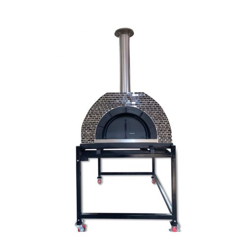 HVH Grande Tiled Preassembled Pizza Oven by HVH Pizza Ovens with a mushroom pizza inside, showcasing its tiled exterior and baking capacity.