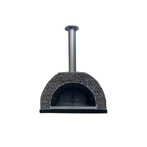 HVH Grande Tiled Preassembled Pizza Oven by HVH Pizza Ovens with a mushroom-shaped pizza inside, ready for baking.
