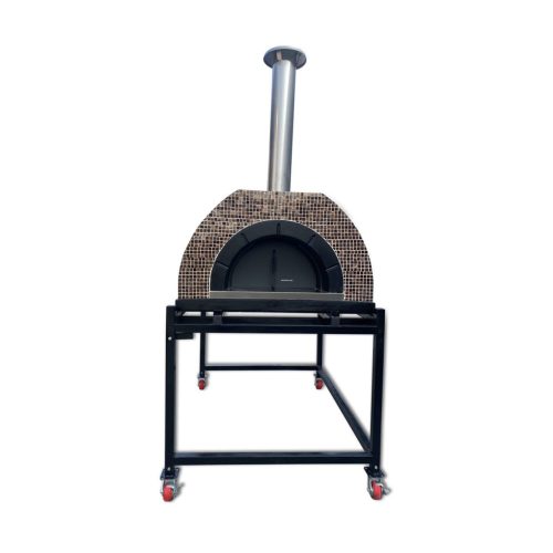 HVH Grande Tiled Preassembled Pizza Oven from HVH Pizza Ovens with mushroom topping, showcasing its tiled exterior and compact design.