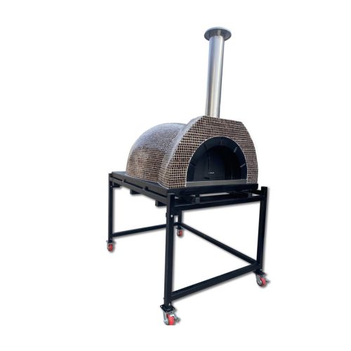 HVH Grande Tiled Preassembled Pizza Oven from HVH Pizza Ovens, showing a mushroom-topped pizza inside the durable outdoor pizza oven