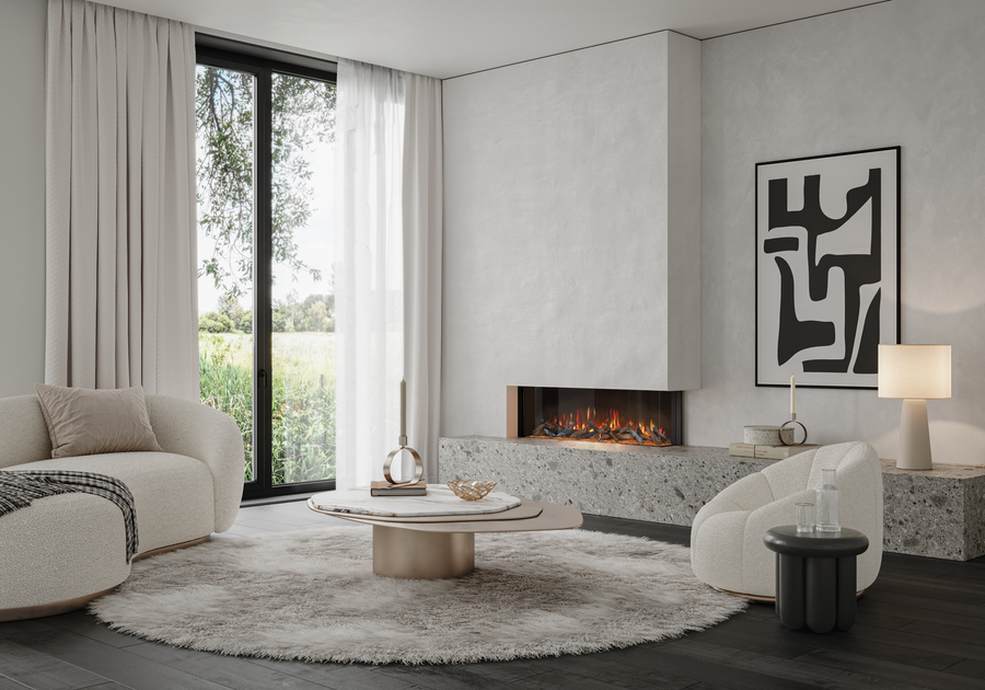 ilektro 1250 Landscape Premium electric fireplace built into a contemporary living room feature wall