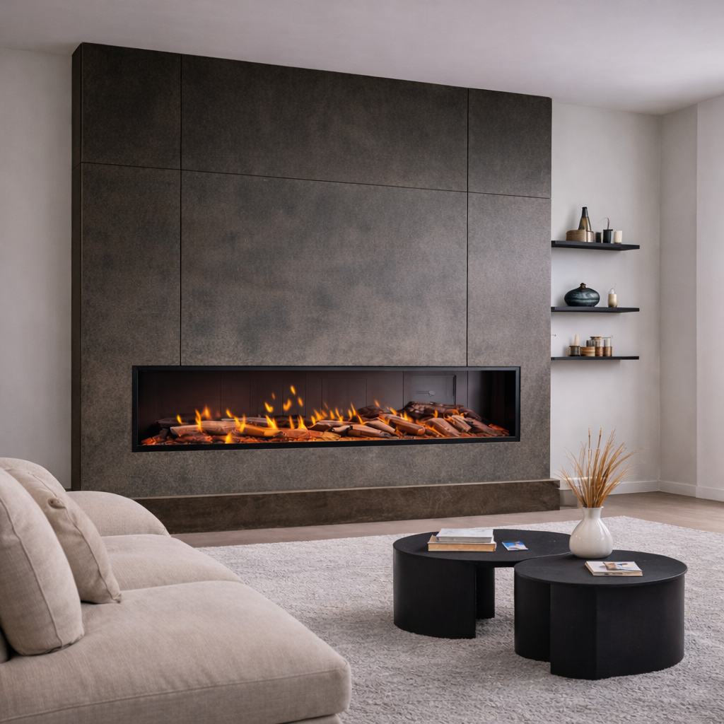 ilektro 1650 Elite 6kW electric fireplace built into a contemporary dark feature wall